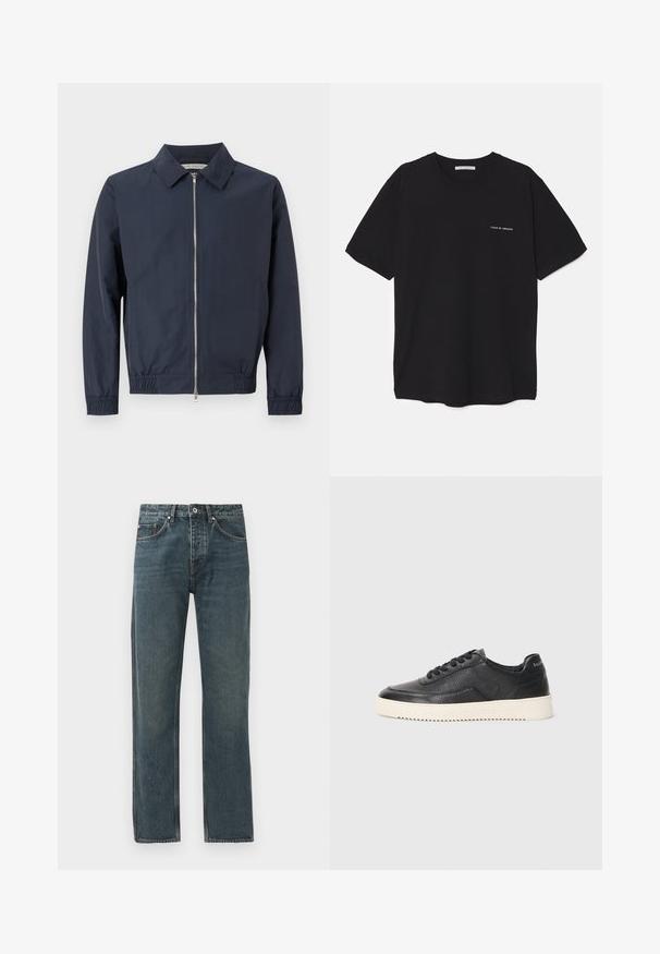 Navy blue lightweight jacket with a collar, front zipper, elastic cuffs, and hem. Smooth texture and minimalistic design.; Black cotton T-shirt with a crew neck, short sleeves, and a white logo print on the left chest. Simple, solid color design.; Dark blue denim jeans with a straight leg design, featuring five pockets, a button closure, and contrasting stitching details.; Black leather sneaker with textured finish, round toe, and flat white rubber sole. Features black laces and branding on the heel.