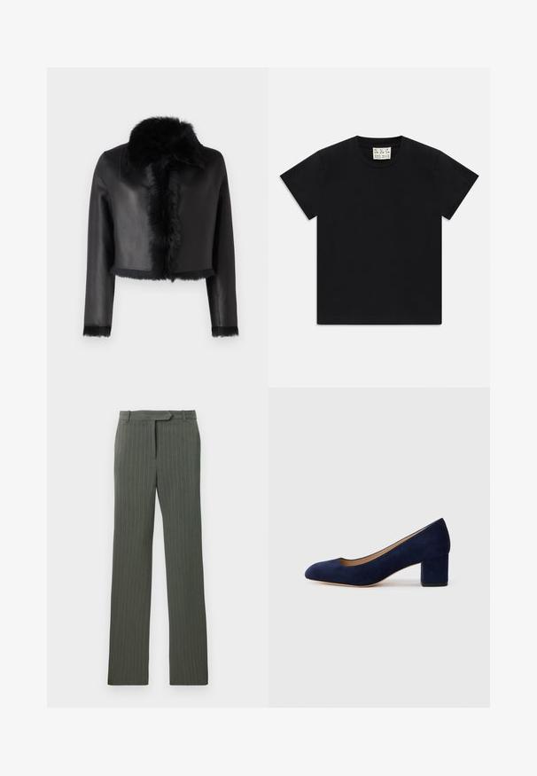 STUDIO ID CROPPED SHEARLING JACKET - Leather jacket - black; Black short-sleeve crew neck t-shirt with a white tag inside the collar labeled "D.R.C. EST. 2002" on a white background.; Dark gray pinstripe tailored trousers with belt loops and a straight-leg fit laid flat on a white background.; Navy blue suede pump with a pointed toe and a mid-height block heel. Smooth texture with a subtle sheen and a small cutout at the front.