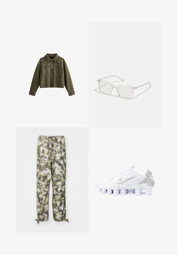 Przycięta oliwkowa kurtka z kołnierzem, dwoma przednimi kieszeniami i srebrnymi zapięciami. Wykonana z gładkiego materiału o matowej fakturze.; Biała bawełniana koszulka na ramiączkach z szerokimi paskami, okrągłym dekoltem i gładką, prążkowaną strukturą. Brak wzorów i akcentów.; Spodnie cargo w wzór kamuflażu w odcieniach zieleni i szarości, z elastycznym paskiem w talii i sznurkiem do regulacji, oraz dwiema bocznymi kieszeniami.; Białe buty sportowe z siateczkową cholewką, srebrnymi akcentami i unikalnym designem podeszwy w postaci cewki. Posiadają wyściełany kołnierz oraz zapięcie na sznurowadła dla lepszego dopasowania.; Przezroczyste, kwadratowe okulary z plastiku z półprzezroczystymi soczewkami, z złotymi akcentami na zausznikach dla dodatkowego wykończenia.