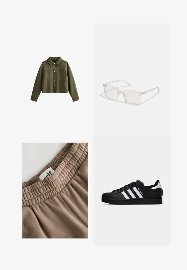 Veste olive verte raccourcie avec un col, deux poches avant et des fermetures à boutons en argent. Fabriquée en tissu lisse avec une texture mate.; Débardeur en coton blanc avec de larges bretelles, un col rond et une texture lisse et côtelée. Aucun motif ni accent présent.; Ceinture élastique marron avec texture froncée, étiquette attachée indiquant "auto", et tissu doux présentant une surface lisse et une teinte neutre.; Baskets Adidas Superstar noires avec rayures blanches, bout en coque, et texte "Superstar" sur le côté, montrées en profil sur fond blanc.; Lunettes carrées en plastique transparent avec des verres translucides, dotées d'accents dorés sur les branches pour plus de détails.