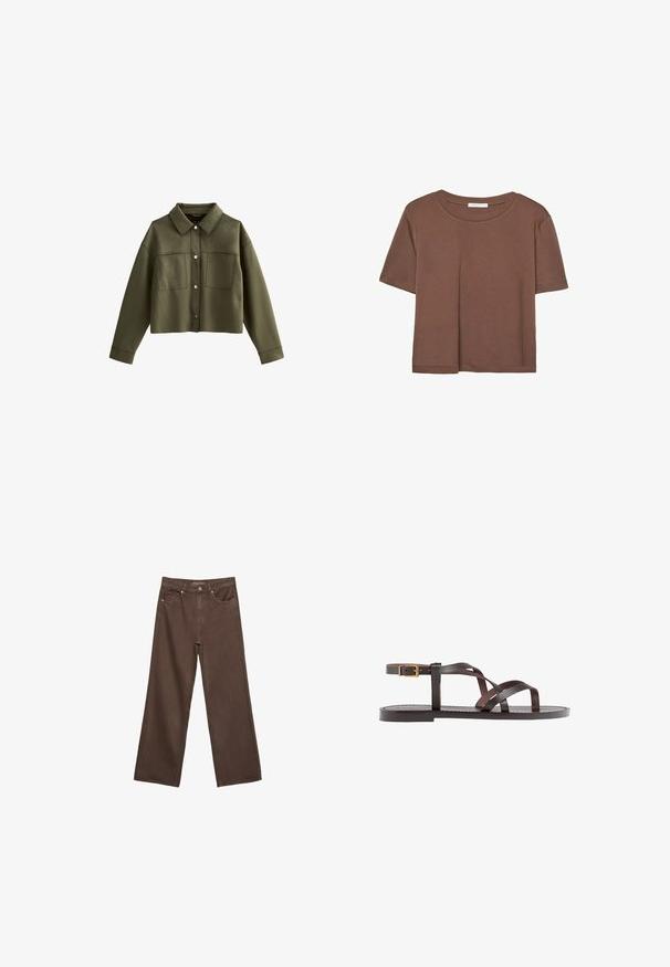 Veste olive verte raccourcie avec un col, deux poches avant et des fermetures à boutons en argent. Fabriquée en tissu lisse avec une texture mate.; T-shirt marron à manches courtes en tissu doux, avec un col rond et une coupe décontractée. Aucun motif ni accent visible.; Jean brown à jambes larges en denim, doté d'une taille haute, de poches avant et d'une fermeture à bouton classique. Texture lisse avec des coutures subtiles.; Sandale en cuir marron avec des brides entrecroisées, une fermeture à boucle à la cheville et une semelle plate avec des détails de couture minimaux.