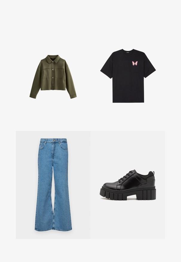 Kort olijfgroen jasje met een kraag, twee voorzakken en zilveren knoopsluiting. Gemaakt van soepele stof met een matte textuur.; Zwarte katoenen t-shirt met korte mouwen, voorzien van een kleine roze vlinder graphic op de linkerkant van de borst. Crew neck ontwerp met een relaxte fit.; Lichtblauwe flared jeans van denim, met een hoge taille, vijf zakken en een enkele knoopsluiting. Zachte textuur met een vervaagde afwerking.; Zwarte leren platform schoenen met een stevige blokhak, ronde neus en een traditionele vetersluiting. Kenmerkt zich door een gladde textuur en minimale details.