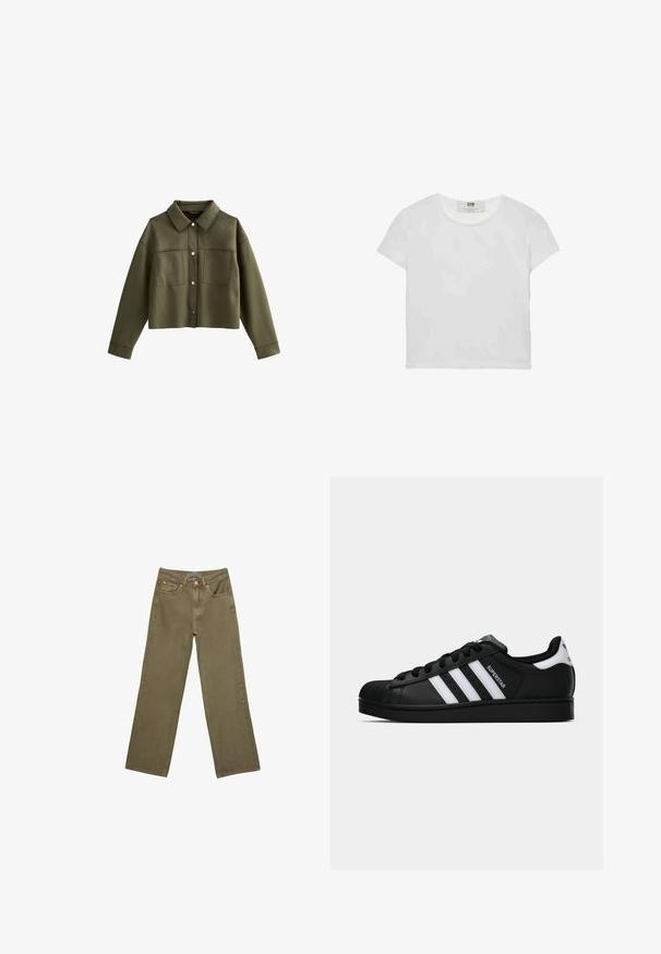 Cropped olive green jacket with a collar, two front pockets, and silver button closures. Made from smooth fabric with a matte texture.; Short-sleeve, round-neck white t-shirt made of soft cotton, featuring a simple, clean design with no visible patterns or accents.; Olive green wide-leg jeans in cotton with a sturdy texture. Features a zip fly, five pockets, and contrasting stitching near the waistband.; Black Adidas Superstar sneaker with white stripes, shell toe, and "Superstar" text on side, shown in side profile on white background.