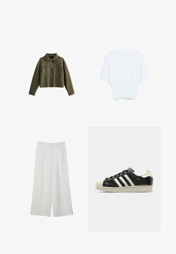 Giacca verde oliva accorciata con colletto, due tasche frontali e chiusura con bottoni argentati. Realizzata in tessuto liscio con una finitura opaca.; T-shirt bianco a maniche corte con una vestibilità rilassata e una texture smock in vita. Realizzato in tessuto morbido e leggero.; Pantaloni bianchi a gamba larga realizzati in tessuto leggero, dotati di una vita elastica e di un cordino per una vestibilità regolabile. Texture liscia.; Sneaker in pelle nera con strisce bianche, punta in gomma, lacci neri e suola di colore crema. Texture liscia con finitura brillante.