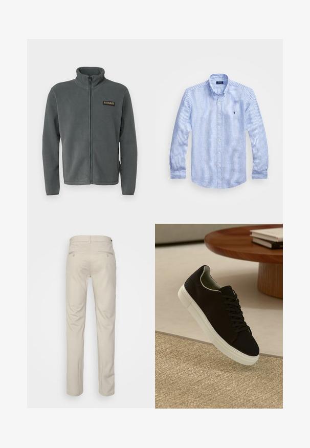 Grijze fleecejas met een hoge kraag, volledige rits, en een klein zwart-goud logo op de linkerborst. Zachte textuur en lange mouwen.; Blauw-wit gestreept overhemd met lange mouwen van katoen, met een button-down kraag, knopen aan de voorkant en een klein geborduurd logo op de borst.; Beige broek met een gladde textuur, rechte snit, twee achterzakken met knopen en een standaard tailleband.; Zwarte sneaker met witte zool die boven een beige gestructureerd tapijt zweeft, nabij een ronde houten tafel met gestapelde boeken.