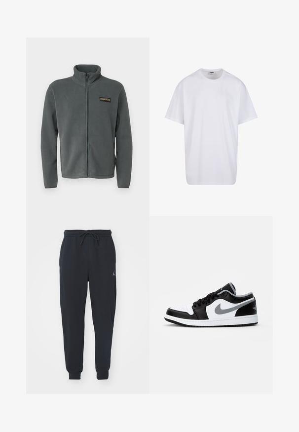 Gray fleece jacket with a high collar, full zip, and a small black and gold logo on the left chest. Soft texture and long sleeves.; White cotton t-shirt with short sleeves, rounded neckline, relaxed fit, and no visible logos or patterns. Smooth texture and minimal design.; Black jogger pants made of soft fabric, featuring an elastic waistband with a drawstring, ribbed cuffs, and a small logo on the left thigh.; Jordan AIR JORDAN 1 LOW - Trainers - black/particle grey-white