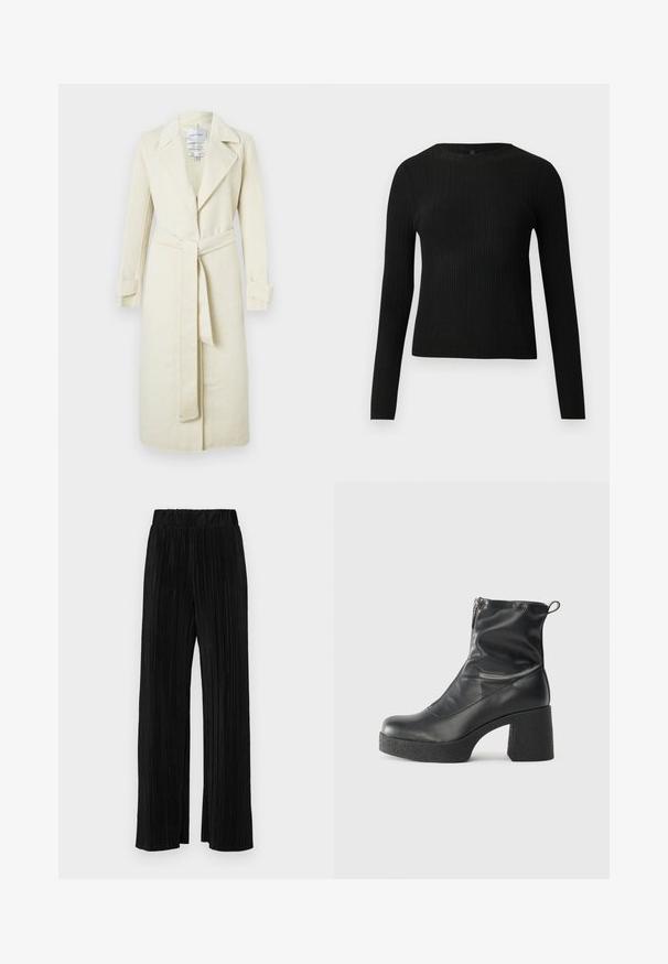 Trench coat beige chiaro con colletto a revers, maniche lunghe con polsini arrotolati, cintura in vita e lunghezza fino al ginocchio. Tessuto dalla texture morbida.; Maglione fitted a maniche lunghe nero a costine con scollo rotondo, esposto su uno sfondo chiaro e semplice.; Pantaloni neri a plissé con vita elasticizzata. Presentano gamba ampia e un tessuto liscio e texture con strisce verticali.; Stivali neri alla caviglia in pelle liscia, con zip laterale, tacco spesso e texture, e punta arrotondata.