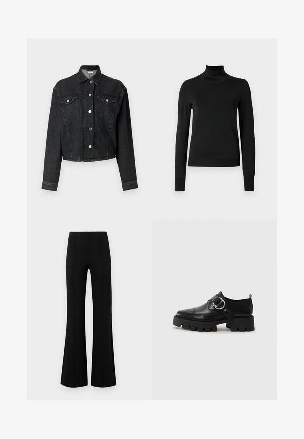 Casaco de ganga preto com colarinho, fecho frontal por botões, dois bolsos no peito e mangas compridas. Apresenta costuras visíveis e um design cropped.; Sweater preto de manga longa com gola alta, com punhos e bainha canelados, exposto em um fundo branco liso.; Calças pretas de boca de sino com uma cintura alta, feitas de um tecido elástico. Apresentam detalhes de costura vertical na frente e uma textura suave.; Sapatos pretos de couro com sola grossa e estriada, apresentando um detalhe em hardware prateado circular e costura mínima.