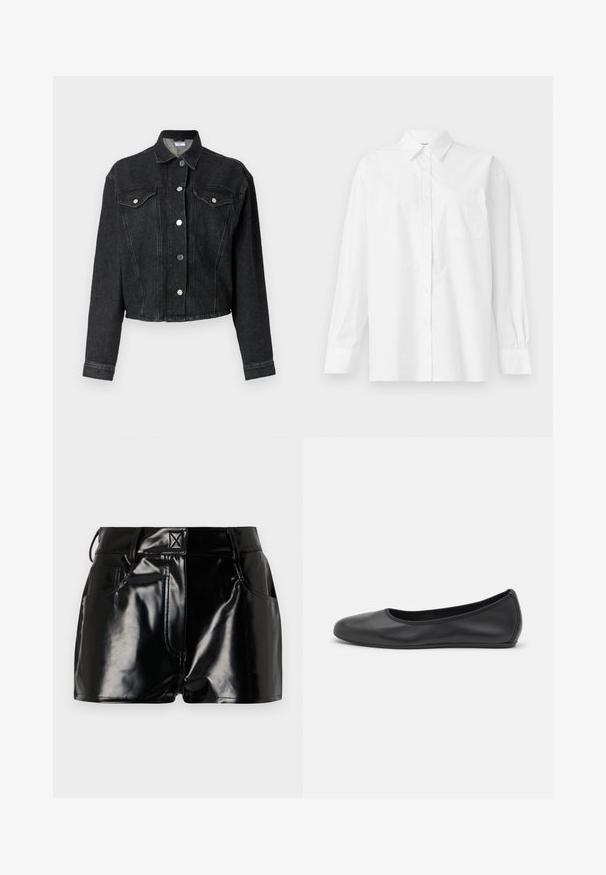 Casaco de ganga preto com colarinho, fecho frontal por botões, dois bolsos no peito e mangas compridas. Apresenta costuras visíveis e um design cropped.; Camisa branca de manga longa feita de algodão, com colarinho clássico, fecho de botão e um único bolso no lado esquerdo.; Calções pretos e brilhantes feitos de material sintético. Apresentam uma cintura justa, passantes para cinto e bolsos frontais com detalhes de costura proeminentes.; Bailarina preta em pele com bico arredondado, textura suave, detalhe de costura minimalista e design de sola flexível.