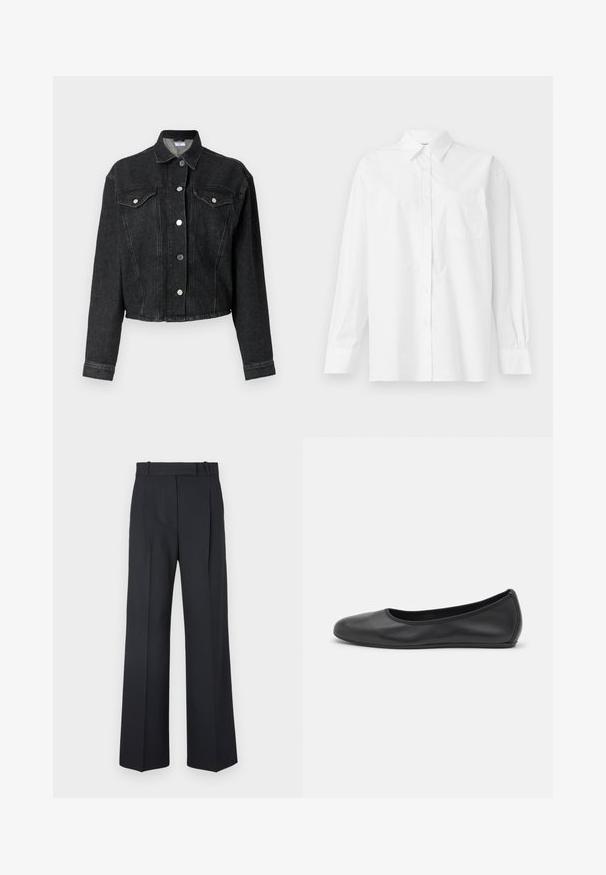 Crna traper jakna s ovratnikom, prednjim zatvaranjem na gumbi, dva džepa na prsima i dugim rukavima. Sadrži vidljive šavove i skraćeni dizajn.; Bjela košulja dugih rukava od pamuka, s klasičnom kragnom, dugmadi na prednjem dijelu i jednim džepom na lijevoj strani.; Tamno plave prugaste hlače visokog struka, širokih nogavica, bez vidljive opreme ili ukrasa. Glatka tekstura i kroj prilagođen tijelu.; Crne kožne baletanke s zaobljenim vrhom, glatke teksture, minimalnim detaljima šavova i fleksibilnim dizajnom potplata.