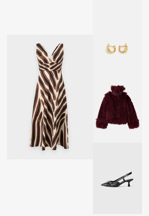 Burgundi színű műszőrme dzseki magas gallérral, texturált, bolyhos felülettel és díszes fekete fém kiegészítőkkel a nyak körül.; Diane von Furstenberg VIVIENNE DRESS - Maxi ruha - brown; Fekete bőr slingback cipő hegyes orral, dekoratív pántokkal, fém szemekkel és alacsony blokk sarkú. Texturált felület.; Arany karika fülbevalók sima, lekerekített kialakítással, fényes felülettel. A fülbevalók kompakt, tömzsi formájúak, és zökkenőmentes kapoccsal rendelkeznek.