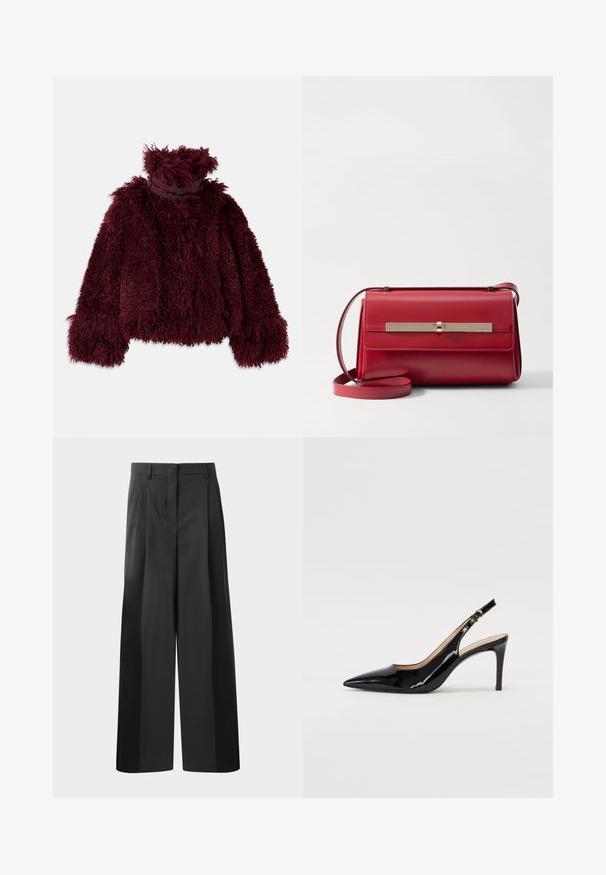 Burgundijas mākslīgā kažokādas jaka ar augstu apkakli, ar teksturētu, pūkainu virsmu un dekoratīviem melniem metāla akcentiem ap kaklu.; Melns augstais kakls džemperis no mīksta auduma. Tam ir garas piedurknes, augsts kakls un ribotas aproces un apakšmala, lai radītu pieguļošu izskatu.; Melni platajā kājās bikses ar augsto jostasvietu, kas ar priekšējiem krokām, gludu tekstūru un pielāgotu apdari. Veidotas relaksētai piegrieztei.; Melnas lakotās ādas slingback kurpes ar izteiktu degunu, šauru papēdi un smalku izgriezumu dizainu. Siksniņai ir zelta sprādze.; Stuart Weitzman POSH SHOULDER BAG - Plecu soma - cherry