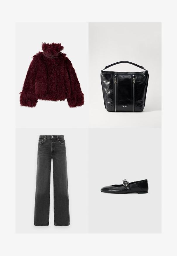 Vyno raudonos spalvos dirbtinės kailio striukė su aukštu apykakle, turinti tekstūruotą, pūkuotą paviršių ir dekoratyviais juodais detalėmis prie kaklo.; Tamsiai mėlynos spalvos trumpomis rankovėmis marškinėliai, pagaminti iš minkštos medvilnės, su apvaliu iškirpimu ir laisvu siluetu. Nėra matomų raštų ar akcentų.; Juodos džinsinės kelnės su aukštu liemeniu, tiesiomis kojomis, priekyje su sagtele ir užtrauktuku, dviem priekinėmis kišenėmis ir dviem galinėmis kišenėmis.; Juodų odinių baletinių batelių su smailiu nosiu, su užrišamu dirželiu su apvalia metaline sagtimi ir plokščiu padu.; Juodas lakiniu odiniu krepšys su dviem priekinių užtrauktukų, struktūriška forma ir trumpa rankena. Apatinėje dalyje yra mažas sidabrinis logotipas.