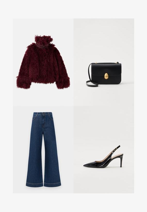 Casaco de pelagem falsa bordeaux com um colarinho alto, apresentando uma superfície texturada e fofa, além de detalhes decorativos em metal preto na gola.; T-shirt de algodão branco com mangas curtas, decote redondo, corte descontraído e bainha cosida. Etiqueta visível no interior do pescoço.; Jeans azul de perna larga com cintura alta, apresentando um fecho de botão, passantes para cinto e detalhes de costura discretos ao longo dos bolsos e das bainhas.; Sandal com salto em verniz preto, bico fino, salto esguio e um design de recorte subtil. Apresenta uma fivela dourada na alça.; Bolsa de mão em couro preto com uma forma rectangular estruturada. Apresenta um fecho oval dourado e uma alça para o ombro fina. Textura suave.