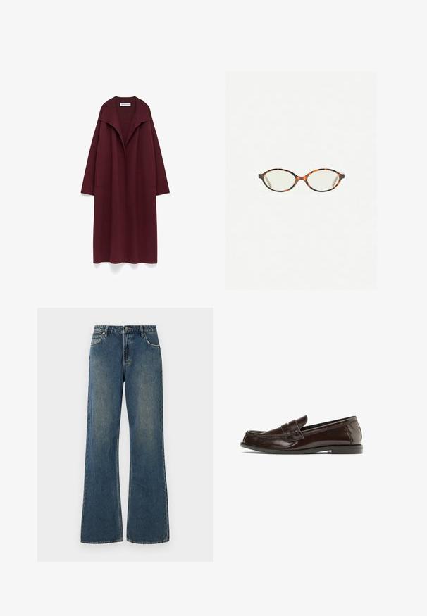 Lång burgundy öppen kappa med bred krage och sidofickor, utställd platt på en vit bakgrund.; Svart polotröja med ribbad krage, fåll och mudd. Tillverkad av ett mjukt stickat material, med en avslappnad passform och sömlös design.; Breda denimjeans i mellanblått med en blekt finish. Har fem fickor, bältesöglor och en metallknappstängning. Tillverkad av bomull.; Brun läderloafer med sömsmån över vristen, låg klack och slät yta. Subtil textur förstärker dess polerade utseende.; Sköldpaddsmönstrade glasögon med ovala linser och en elegant, slät yta. Har tunna sidor med en subtil kurva vid tinningarna. Klara linser.; Svart läderhandväska med en böjd form, justerbara dubbla handtag och en guldfärgad logotyp fram. Slät textur, minimalistisk design.