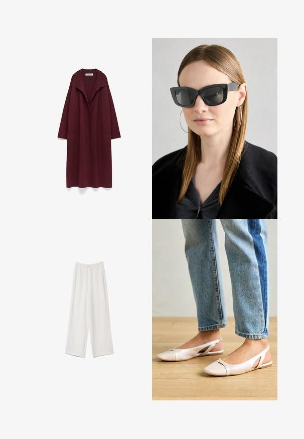 Lång burgundy öppen kappa med bred krage och sidofickor, utställd platt på en vit bakgrund.; Svart linne i bomull, med rund halsringning och breda armhål. Slät yta med sydda fållar. Klassisk, minimalistisk design.; Vita vida byxor i vid passform gjorda av ett lättviktsmaterial. Har en elastisk midja med dragsko och sidofickor. Slät textur.; Ljust rosa slingback-lägenheter med spetsig tå, tillverkade av ett slätt läderliknande material. Har utskurna detaljer på sidorna och en platt häl.; Svarta katterformade solglasögon med mörka linser, tjocka bågar och subtila detaljer. Bärs tillsammans med en svart kappa och en grå topp, med långt rakt hår.