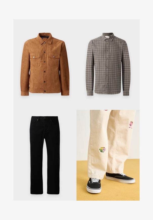 Zijde bruine suede jas met een klassieke kraag, twee borstzakken, knoopsluiting aan de voorkant en lange mouwen met knoopmanchetten.; Langarm overhemd met een bruin en grijs ruitpatroon, voorzien van een klassieke kraag en knoopsluiting aan de voorkant.; Zwarte denim jeans met een rechte pijpdesign, vijf zakken, sluiting met voorknop en subtiele stikdetails.; Beige katoenen broek met speelse geborduurde ontwerpen, waaronder een roze figuur en een gekleurd blok, gecombineerd met zwarte veterschoenen.