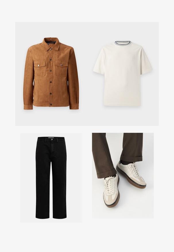 Zijde bruine suede jas met een klassieke kraag, twee borstzakken, knoopsluiting aan de voorkant en lange mouwen met knoopmanchetten.; Crème-kleurige katoenen t-shirt met korte mouwen, met een ronde halslijn die is accentueerd met marineblauwe en witte strepen. Soepele textuur, ontspannen pasvorm.; Zwarte denim broeken met een rechte pijp, klassieke vijf-pocket structuur en een knoopsluiting in de taille. Glad materiaal en duurzame stof.; Beige sneakers met een leren voorkant van textuur-suède, gladde leren zijkanten en een bruine rubberen zool. Veters en lichte stikseldetails inbegrepen.