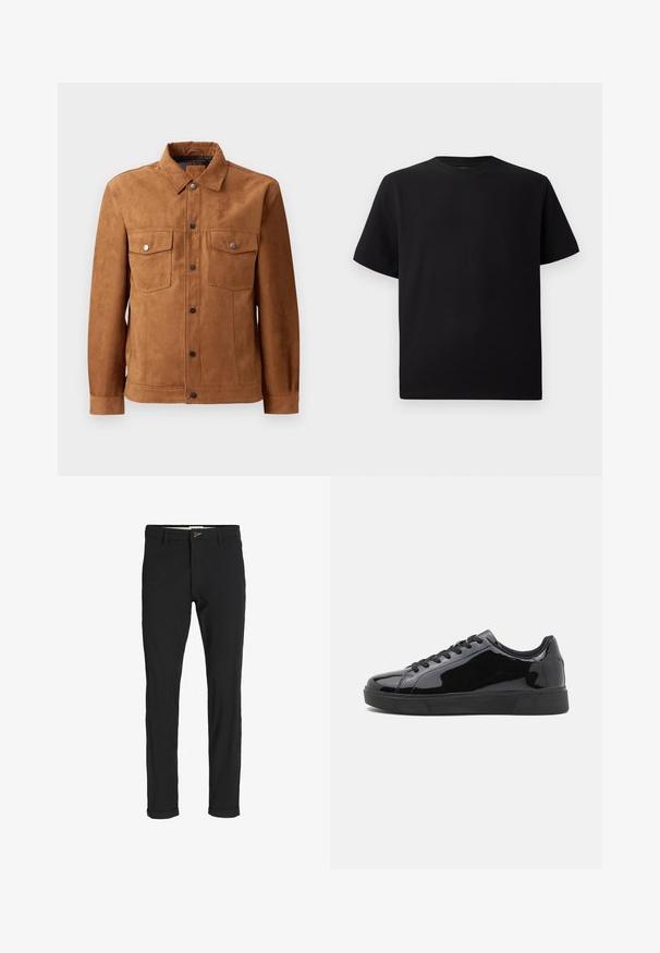 Pruun sametjacket, millel on klassikaline krae, kaks rinnataskut, ees nupuga sulgemine ja pikad varrukad, millel on nööpidega mansetid.; Must have lühikeste varrukatega must T-särk, mis on valmistatud tekstuursetest materjalidest, ümmarguse kaelusega ja lõdva lõikega. Lihtne, ilma mustrite või aktsentideta.; Mustast puuvillasegustest pükstest õhukese lõikega, milles on nööbikinnitus, taskud ja keeratud sääred, et saavutada lõdva lõppviimistluse.; Mustad musta ähkme nahast tossud ümmarguse varvastega, lame kummist tallaga ja mustade paeltega. Ülemise pinna sile ja läikiv tekstuur.