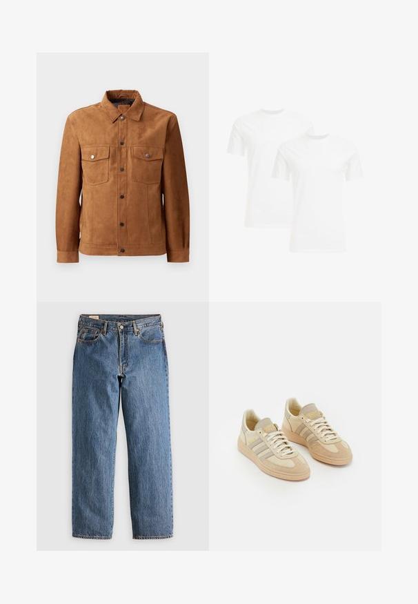 Pruun sametjacket, millel on klassikaline krae, kaks rinnataskut, ees nupuga sulgemine ja pikad varrukad, millel on nööpidega mansetid.; Kaks valget puuvillast lühikeste varrukatega t-särki ümmarguste kaelustega, sujuva tekstuuriga ja lihtsa disainiga, virnastatud vertikaalsesse asendisse.; Sinine denimist sirgedega teksad, millel on kõrge vöökoht, vaskne kinnitus ja oranž õmblus. Esiküljel ja taga on taskud.; Heledad hallid tossud, mis on valmistatud nahast ja kangast, koos kolme halli triibuga, tekstuursete detailidega ja beežist kummist tallaga. Paelad on valged.