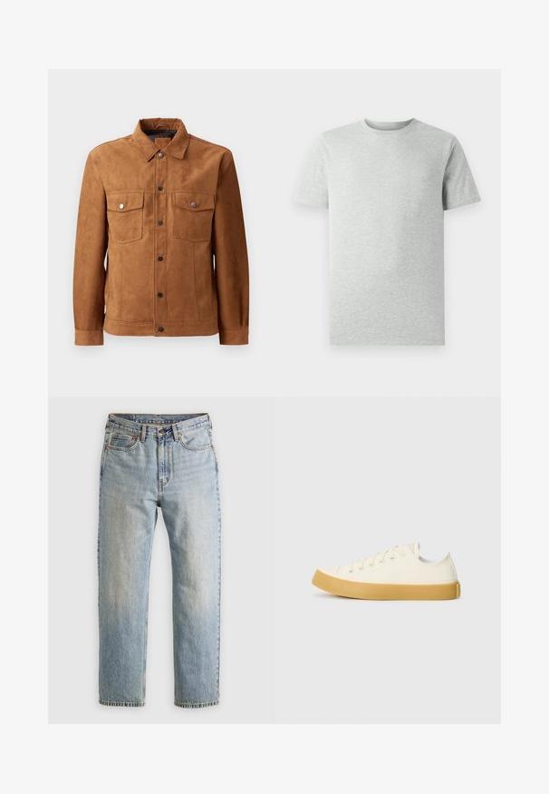 Corta-vento em camurça castanha com colarinho clássico, dois bolsos no peito, fecho de botão à frente e mangas longas com punhos com botão.; T-shirt de manga curta de cor cinza claro, com decote redondo, exibido sobre um fundo branco, vista frontal, sem logótipos ou designs visíveis.; Jeans de ganga azul claro com cintura alta, fecho frontal, zipper e design de cinco bolsos, dispostos de forma plana sobre um fundo neutro.; Sapatilhas de tela em off-white com biqueira redonda, apresentando solas de borracha bege e cinco ilhós para atacadores, acabamento texturizado na parte superior.