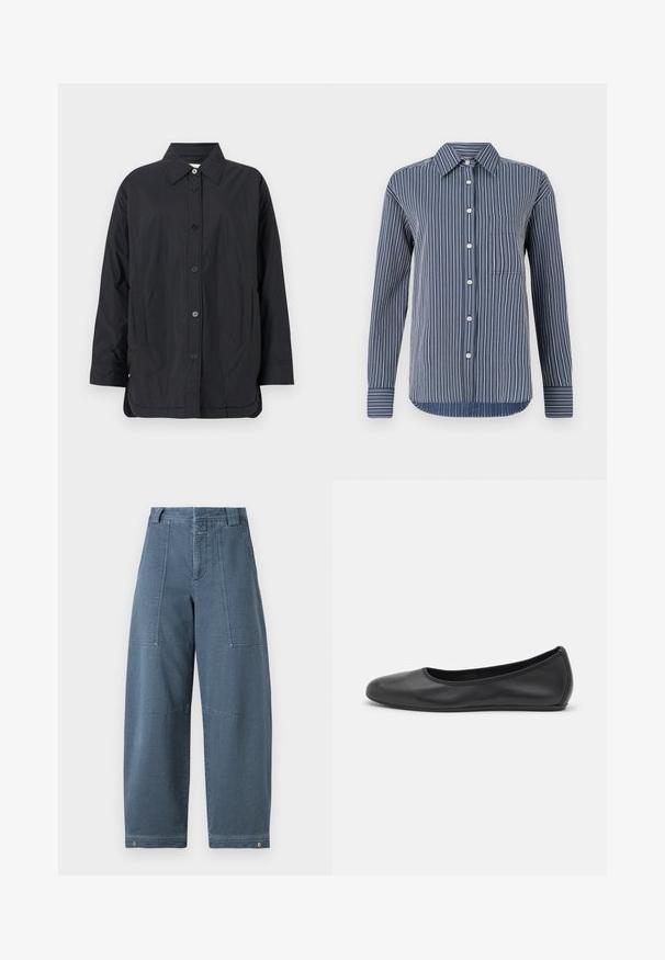 Jachetă ușoară, neagră, cu închidere prin butoni, guler, două buzunare laterale și un tiv ușor curbat. Fabricată dintr-un material neted, mat.; Cămașă cu nasturi în dungi navy și alb, cu mâneci lungi, o singură unghiere pe piept și un guler clasic, realizată dintr-un material ușor.; Pantaloni largi din denim de o nuanță albastră deschisă, cu o suprafață texturată, două buzunare frontale și cusături rezistente la tiv.; Balerini din piele neagră, cu vârf rotund, textură netedă, detalii de cusătură minimale și un design al tălpii flexibil.