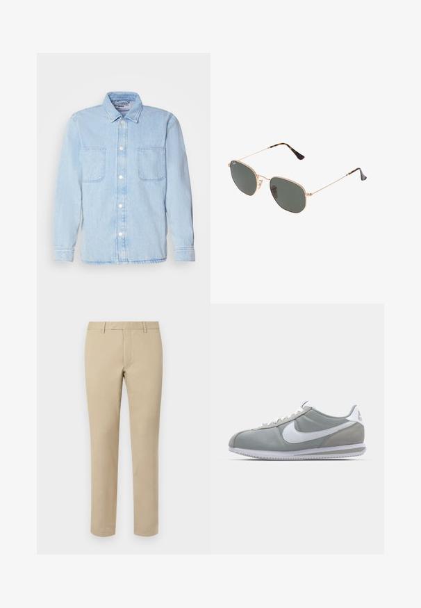Svetlo modra denim srajca z dolgimi rokavi, gumbom spredaj, dvema žepoma na prsih in klasičnim ovratnikom. Narejena iz mehkega, teksturiranega materiala.; Bela pletena dolg rokav pulover s rebrastimi manšetami in robom, z majhnim mornarsko modrim izvezenim logotipom Polo Ralph Lauren na prsih.; Bela dolg rokav srajca s gumbi iz bombaža. Ima klasičen ovratnik, gumbnice na zapestjih in majhen temno moder vezen logotip na prsih.; Bež hlače iz bombaža s ravnim krojem, ki vsebujejo zanke za pas, ravno sprednjo stran in natančno obdelane robove. Gladka tekstura in minimalno podrobnosti.; Sive tenisice za šport z zgornjim delom iz semiša in tekstila, belim Nike swooshom in belimi vezalkami. Imajo strukturirano gumijasto podplat in oblazinjen ovratnik.; Sončna očala z zlatim kovinskim okvirjem in temno zelenimi lečami, aviatorskega sloga, z vitekimi ročaji in želvovim vzorcem na konicah.