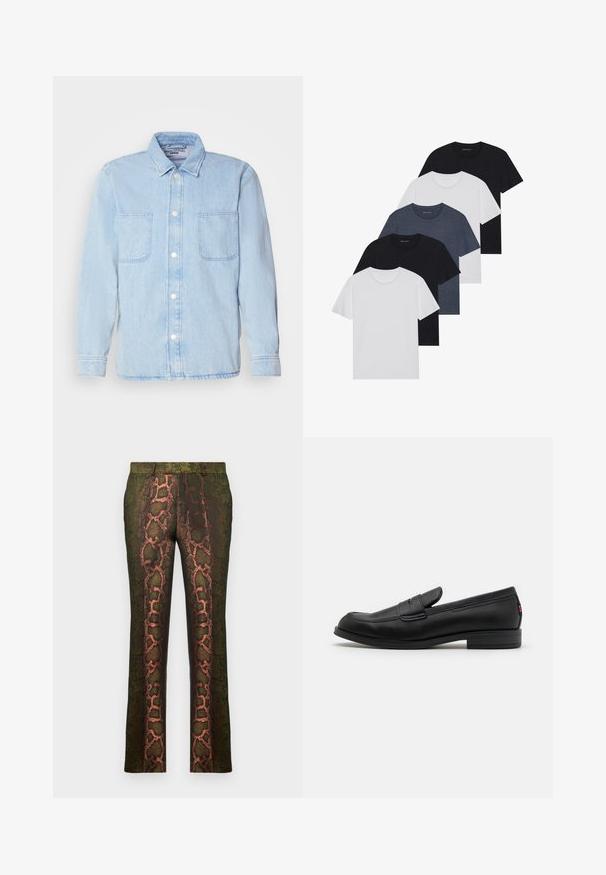 Jasnoniebieska koszula dżinsowa z długimi rękawami, zapinana na guziki, z dwoma kieszeniami na piersi i klasycznym kołnierzykiem. Wykonana z miękkiego, teksturowanego materiału.; Zestaw pięciu koszulek w kolorach czarnym, białym i granatowym. Wykonane z bawełny, z krótkimi rękawami, klasycznym dekoltem i gładką fakturą, bez wzorów.; Zielone spodnie w wzory z nadrukiem węża w odcieniach brązu i pomarańczy, o prostym kroju i gładkiej teksturze.; Czarne skórzane loafersy o gładkim wykończeniu, zaokrąglonym czubku i małym dekoracyjnym klapku. Posiadają niską, warstwową podeszwę oraz subtelny detal z brandingiem.