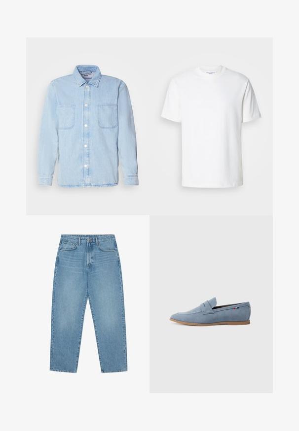 Vaaleansininen farkku-paita, jossa on pitkät hihat, napitettava etuosa, kaksi rintataskua ja klassinen kaulus. Valmistettu pehmeästä, teksturoidusta kankaasta.; Valkoinen lyhythihainen pyöreäkaula-aukkoinen puuvillapaita, jonka muotoilu on yksinkertainen, esitelty vaaleanharmaata taustaa vasten.; Vaaleansiniset leveälahkeiset farkut korkealla vyötäröllä, joissa on viisi taskua, vyölenkit ja pehmeä, hieman haalistunut pinta.; Vaaleansininen mokkanahkainen loafer, jossa on sileä pinta, koristeommel ja ruskea kumipohja. Mallissa on myös penny-slot-tyylinen rakenne päällisessä.