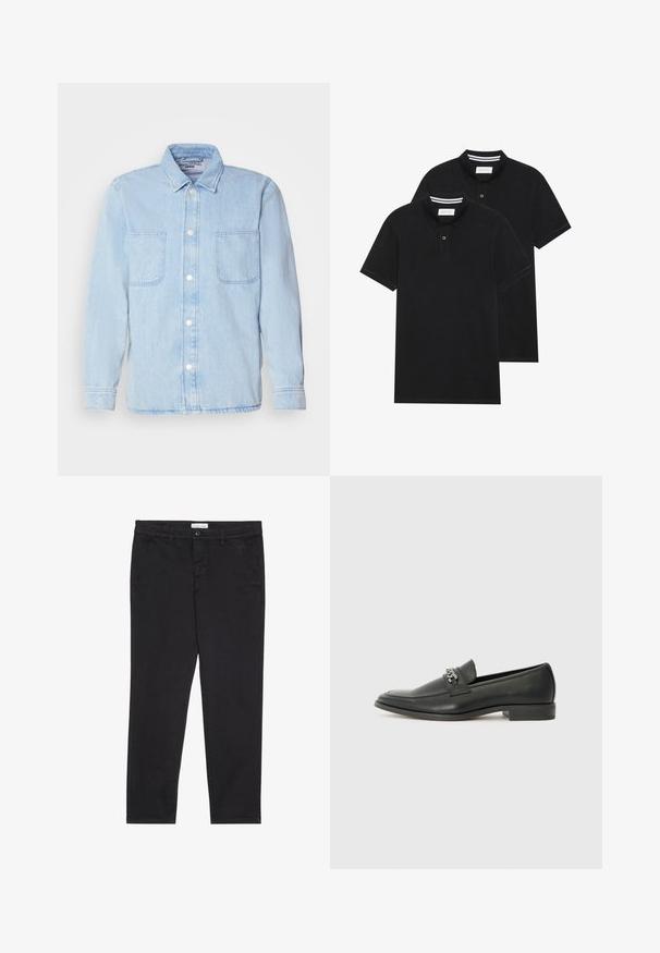 Camisa de mezclilla azul claro con mangas largas, cierre de botones en la parte delantera, dos bolsillos en el pecho y un cuello clásico. Fabricada en un tejido suave y texturizado.; Dos camisetas polo negras, de manga corta, de material de algodón, que presentan un cuello clásico, una tapeta de dos botones y acentos de rayas blancas en el interior del cuello.; Pantalones de algodón negro con corte slim, que presentan dos bolsillos laterales y un cierre frontal con botón. Tejido texturizado con detalles sutiles.; Mocasín de cuero negro con un acabado suave, que cuenta con un diseño de costura y un acento decorativo de cadena de metal en el empeine. Tacón plano.