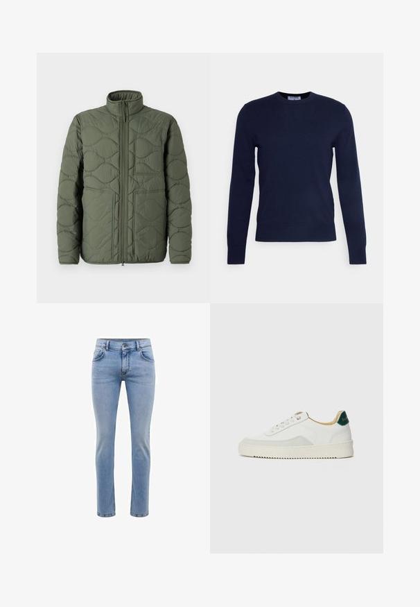 Alkahaus žalias pūkinis švarkas su aukštu apykakle, išsiuvinėta tekstūra, priekinis užtrauktukas ir dvi didelės kampu išsidėsčiusios kišenės.; Tamsiai mėlynas apvalaus kaklo megztinis, pagamintas iš minkštos medžiagos, su ilgomis rankovėmis ir banguota apatine dalimi. Nėra jokių matomų raštų ar papuošimų.; Šviesiai mėlynos džinsinės kelnės su siauromis kojomis, penkiais kišenėmis ir tiesiomis kojomis. Su užtrauktuku ir diržo kilpomis. Švelnus paviršius.; Baltos sportbačiai su zomšos akcentais, apvaliu nosiu, plokščiais raišteliais ir kreminės spalvos guminiu padu. Ant kulno yra žalia ženklinimo detalė.