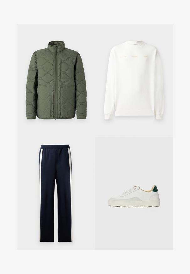 Olivnozeleni puf jakna z visokim ovratnikom, prešito teksturo, sprednjim zadrgo in dvema velikima nagibnima žepoma.; Bela trenirka z okroglo ovratnikom, dolgimi rokavi in rebrastimi zapestji. Ima zlat napis čez prsi: "HZW (25-26) HOLZWEILER THE SUN."; Mornarske trenirke širokega kroja, ki imajo navpične kreme proge ob straneh. Narejene iz mehkega, teksturiranega materiala z elastičnim pasom.; Bela trenerka z zaključki iz semiša, okroglo konico, ravne vezalke in kremna gumijasta podplata. Ima zeleno blagovno znamko na peti.