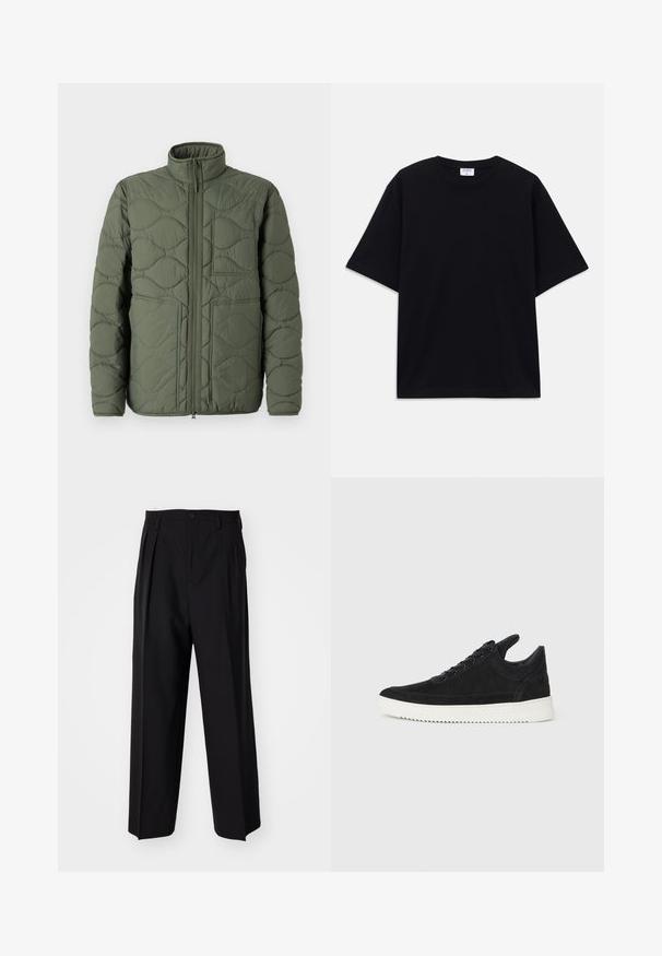 Jachetă puffer verde măslin cu guler înalt, textură matlasată, închidere frontală cu fermoar și două buzunare mari, înclinate.; Tricou oversized cu mânecă scurtă, de culoare neagră, cu decolteu rotund și etichetă Filippa K vizibilă în interiorul gulerului.; Pantaloni negri plisat cu un design drept și pantaloni largi. Construiți dintr-un material neted, prevăzuți cu închidere cu nasture și bucle pentru curea.; Sneakers negre din suede cu o talpă din cauciuc albă, prezentând cusături tonale și un design cu șireturi. Textură netedă cu o formă modernă și aerodinamică.