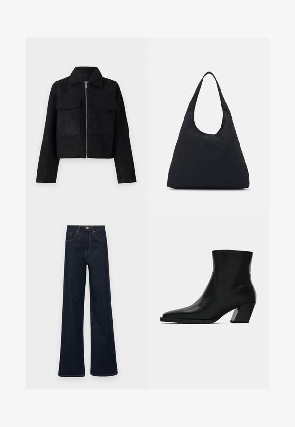 Fekete, textúrált anyagból készült, cropped dzseki, cipzárral, gallérral és két elülső zsebel. Egyszerű dizájn, minta nélkül.; Fehér kötött garbó pulóver, cropped fazonnal, bordás ujjak és alj található rajta. Puha tapintású, kényelmes, vastag dizájnnal.; Sötétkék, bársonydzsemka széles lábú farmernadrág elülső zsebekkel, övhurkokkal és gombos zárással.; Fekete bőr bokacsizma hegyes orral, elegáns sziluettel és vastag négyzetes sarokkal. Simább textúrájú, minimális varrási részletekkel.; Fekete szövet táska egyetlen, széles vállpánttal. Puha, félstruktúrált forma és sima textúra; minimális dizájn, látható fémalkatrészek nélkül.