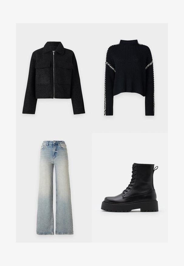 Black cropped jacket made of textured fabric, featuring a zip closure, collar, and two front pockets. Simple design with no patterns.; Vero Moda VMNEWCREAM FUNNELNECK PULLOVER - Jumper - black/birch; Light blue wide-leg jeans made of denim, featuring a high waist, five pockets, and visible stitching along the seams.; Black leather ankle boots with a round toe, lace-up front, and a thick rubber sole featuring a textured tread. Pull tab at the back.
