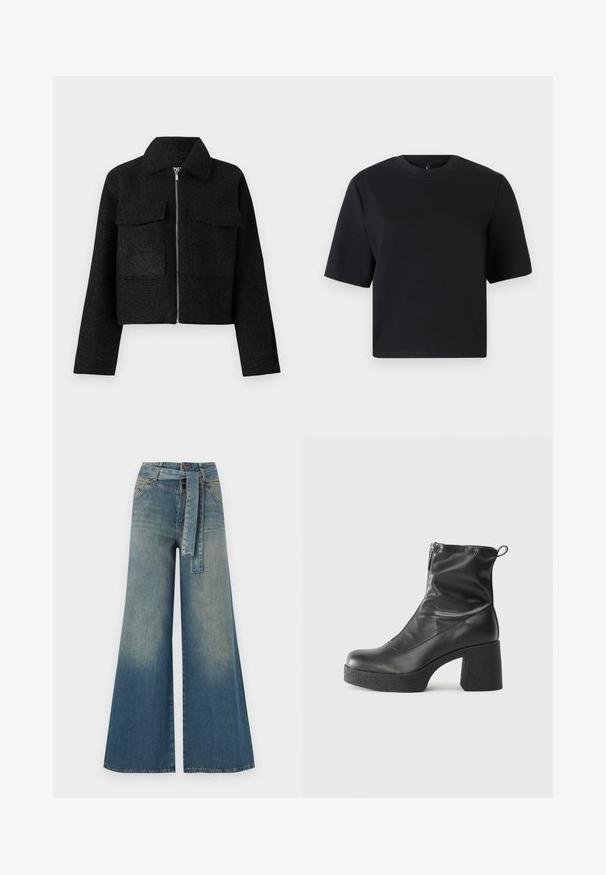 Sort cropped jakke lavet af tekstureret stof, med lynlås foran, krave og to forlommer. Enkelt design uden mønstre.; Sort kortærmet t-shirt, rund halsudskæring, lavet af glat bomuldsstof; afslappet pasform, minimalistisk design, ingen synlige mønstre eller detaljer.; Bredbens-denimbukser med en lys til mørk blå gradient, høj talje, bælteløkker og et matchende stofbælte. Tekstureret denimfinish.; Sorte ankelstøvler lavet af glat læder, med en sidelukning, kraftig struktureret hæl og rundt tådesign.
