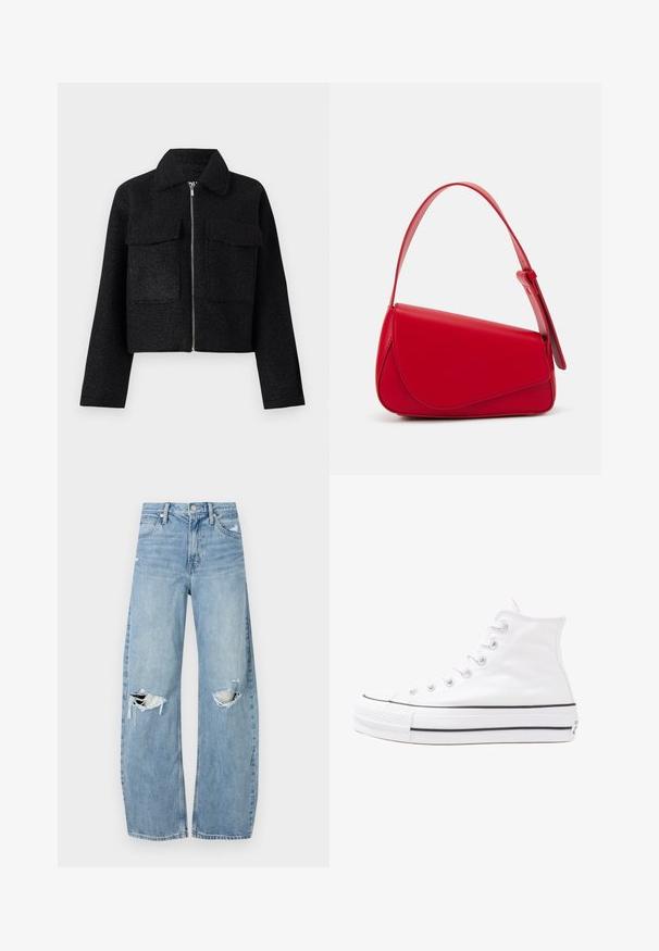 Black cropped jacket made of textured fabric, featuring a zip closure, collar, and two front pockets. Simple design with no patterns.; Black oversized t-shirt featuring a graphic of a bear with the text “NOT CUTE BUT WILD” in bold, white lettering. Cotton material.; Light blue, high-waisted jeans made of denim. Feature wide legs, two torn knee areas, and classic five-pocket styling.; White high-top canvas sneaker with black rubber sole, front rubber toe cap, and six eyelets for laces, featuring a clean, minimalist design.; Red leather handbag with an angular, geometric design. Features a single adjustable strap and a flap closure with stitched detailing.