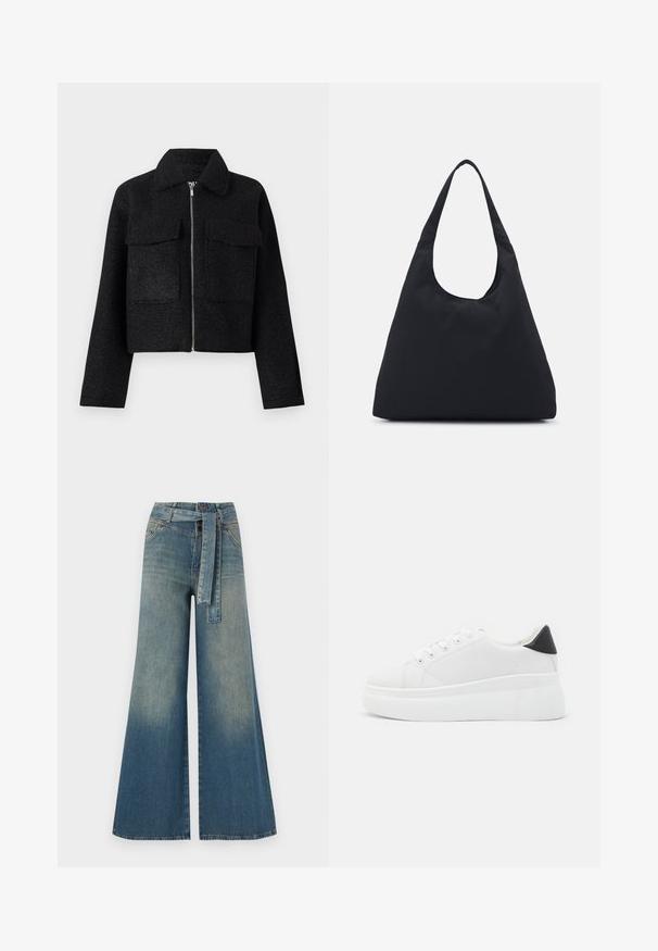 Black cropped jacket made of textured fabric, featuring a zip closure, collar, and two front pockets. Simple design with no patterns.; White long-sleeve turtleneck top made of smooth, stretchy fabric. Features a high collar and fitted design, with no visible patterns or embellishments.; Wide-leg denim trousers featuring a light to dark blue gradient, high waist, belt loops, and a matching fabric belt. Textured denim finish.; White platform sneakers made of smooth synthetic material, featuring a rounded toe, lace-up design, and a textured rubber sole. Black heel accent.; Black fabric bag with a single, wide shoulder strap. Soft, semi-structured shape and smooth texture; minimal design, without visible hardware.