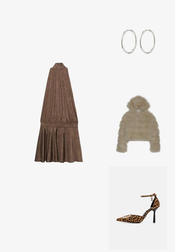 Beżowa kurtka z sztucznego futra, krótka, z kapturem, z fakturowanym, puszystym materiałem na zewnątrz oraz z przodem na zamek błyskawiczny. Wypełniona blokowa konstrukcja.; Brązowa, bezrękawnikowa sukienka z wysokim kołnierzem. Posiada teksturowany materiał, marszczony gorset i rozkloszowaną spódnicę z plisami.; Czółenka na wysokim obcasie w wzór z panterą, z ostrym noskiem, aksamitną teksturą, z paskiem na kostkę oraz z zapięciem ozdobionym kryształami. Czarne szpilki.; Srebrne kolczyki w formie kółek z gładkim, polerowanym wykończeniem. Okrągły kształt, lekkie wykonanie, z bezpiecznym mechanizmem zapięcia.