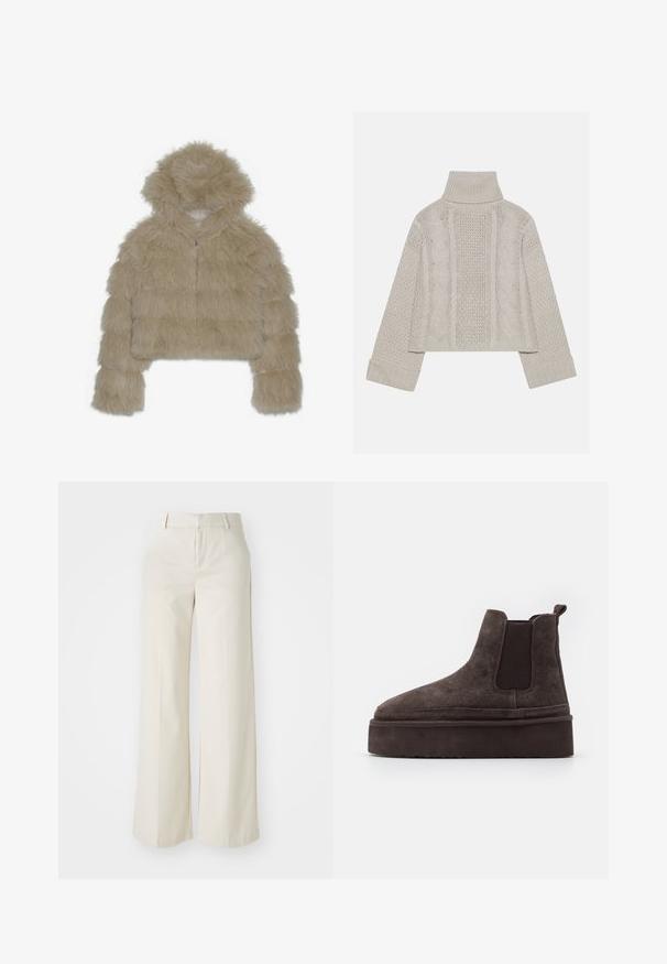Μπεζ ψεύτικο παλτό από γούνα με κουκούλα, έχει υφή με φουντωτό εξωτερικό και μπροστινό φερμουάρ. Σχεδίαση με ενισχυμένα μπλοκ.; Κομμένο, ανοιχτό γκρι πλεκτό πουλόβερ με ψηλό γιακά και ριμπ μανίκια, που διαθέτει υφασμένα καλωδωτά μοτίβα κατά μήκος της πλάτης και των πλευρών.; Φαρδιά παντελόνια σε ανοιχτό μπεζ χρώμα, φτιαγμένα από μαλακό ύφασμα. Διαθέτουν κλασική μέση και επίπεδο μπροστινό μέρος με καθαρές γραμμές.; Καφέ σουέτ μπότες Chelsea με ελαστικά πλαϊνά και παχύ, υφασμάτινο πάτο. Διαθέτουν λωρίδα πρόσβασης στη φτέρνα για εύκολη φόρεση.