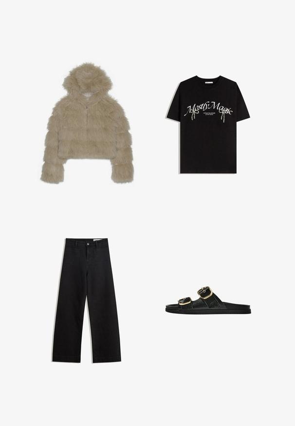 Beige faux fur cropped jas met een capuchon, voorzien van een gestructureerde, harige buitenkant en een ritssluiting aan de voorkant. Gevoerde blokontwerp.; Zwarte katoenen t-shirt met de tekst "Mostly Magic" in het wit, versierd met decoratieve parelaccenten. Korte mouwen, ontspannen pasvorm, ronde hals.; Zwarte denim broek met wijde pijpen en een hoge taille, voorzien van voor- en achterzakken, gestikte naden en een knoopsluiting. Gladde textuur.; Zwarte slipper met twee gouden gesps, gladde textuur, platte zool en een minimalistisch ontwerp.