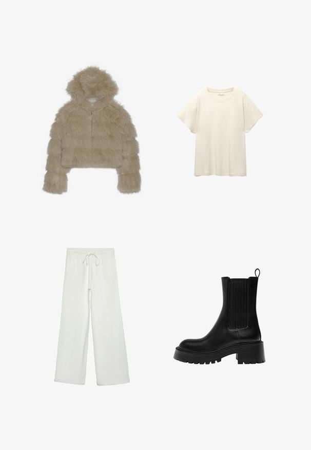 Bež jakna od umjetnog krzna, skraćena, s kapuljačom, koja ima teksturiranu, resastu vanjštinu i prednji zatvarač. Uloženi blok dizajn.; Svijetlo bež majica kratkih rukava s okruglim izrezom, izrađena od meke, glatke tkanine. Karakterizira je opušteni kroj i ravni rub.; Bijele hlače širokog kroja od mekog materijala. Imaju elastični pojas s vezicom i glatku teksturu. Nema vidljivih uzoraka ili metalnih dijelova.; Crne kožne čizme do članaka s debelim potplatom, teksturiranim bočnim panelima i petljom za zatezanje. Imaju glatku površinu i zaobljen vrh.