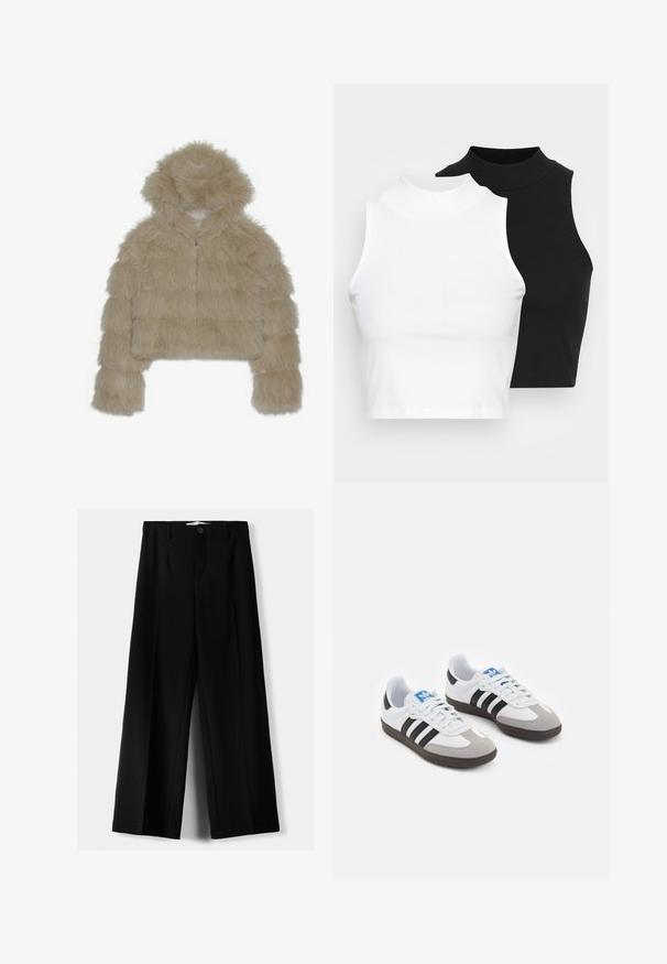Beige Fake-Fur-Cropped-Jacke mit Kapuze, verfügt über eine strukturierte, fusselige Außenseite und einen Frontreißverschluss. Gepolstertes Blockdesign.; Zwei ärmellose, gerippte Rollkragenoberteile in Schwarz und Weiß, mit einer figurbetonten Passform und glatter Textur sowie einer cropped Länge.; Schwarze weite Hosen aus leichtem Stoff, mit einem Knopfverschluss vorne und flachem Bund, mit sorgfältig genähten Säumen.; Sportschuhe mit einem Obermaterial aus weißem Leder, grauer Wildleder-Zehenkappe und drei schwarzen Streifen. Sie verfügen über ein blaues Logo auf der Zunge und eine strukturierte Gummisohle.