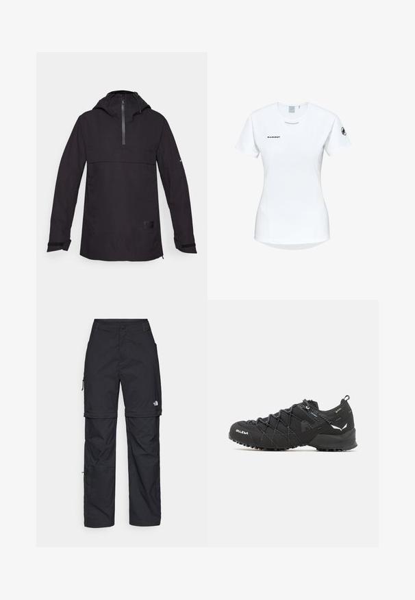 Giacca leggera nera con zip parziale frontale, cappuccio e polsini elasticizzati. Presenta una tasca frontale e un tessuto testurizzato. Design minimalista.; Maglietta atletica bianca a maniche corte con colletto rotondo, dotata di un logo sul petto e una texture di tessuto liscia e leggera.; Pantaloni cargo in nylon nero con zip rimovibile, polsini regolabili, molteplici tasche e un logo sulla gamba destra. Tessuto liscio e leggero.; Scarpe da trekking nere con tomaia in tessuto testurizzato, sistema di allacciatura e suola in gomma robusta. Accentuate da dettagli riflettenti e loghi.