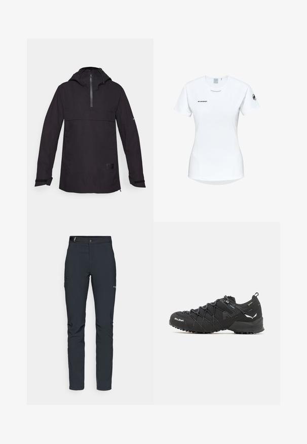 Giacca leggera nera con zip parziale frontale, cappuccio e polsini elasticizzati. Presenta una tasca frontale e un tessuto testurizzato. Design minimalista.; Maglietta atletica bianca a maniche corte con colletto rotondo, dotata di un logo sul petto e una texture di tessuto liscia e leggera.; Pantaloni da uomo per attività all'aperto, grigio scuro, realizzati in materiale elastico, dotati di cintura, tasche con zip e cuciture rinforzate.; Scarpe da trekking nere con tomaia in tessuto testurizzato, sistema di allacciatura e suola in gomma robusta. Accentuate da dettagli riflettenti e loghi.