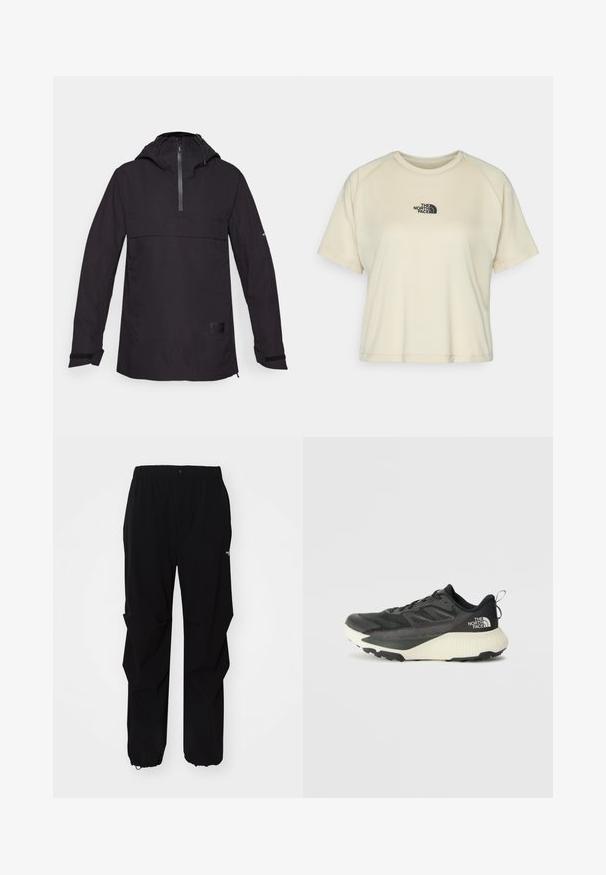 Svart lett jakke med halv-zip foran, hette og elastiske mansjetter. Har en frontlomme og teksturert stoff. Minimalistisk design.; Kremfarget kortermet t-skjorte med rund hals og raglanermer. Har en svart brodert logo på øvre bryst.; Sorte utendørsbukser laget av slitesterkt materiale, med en avslappet passform, elastisk midjebånd og stramme mansjetter for justerbar lengde.; Svart treningssko med teksturert overdel, med grå detaljer og hvit såle. Har en pull tab og fremtredende merkevarelogo på hælen.
