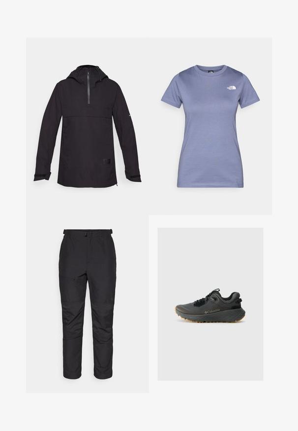 Must musta jope, millel on poolsiib, kapuuts ja elastsed mansetid. Esipool sisaldab taskut ning kangas on tekstuuriga. Minimalistlik disain.; Heledalt lavendli lühikeste varrukatega t-särk, mis on valmistatud puuvillast, ümarat kaelust ja rinnal väike valge logo. Sile tekstuur.; Mustad mustad välispüksid, mis on valmistatud kergest materjalist, omavad siledat tekstuuri, elastset taljeosa, lukuga taskut ja paneeldetaili alumistel jalgadel.; Columbia TERRASTRIDE CRZ - Matkajalatsid - shark/black