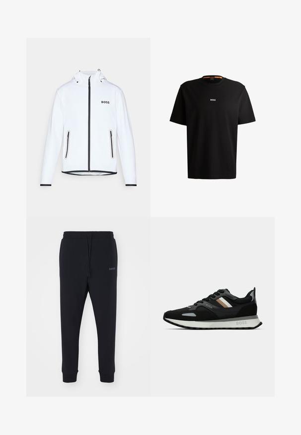 Jaqueta branca com capuz, fecho éclair preto e detalhes pretos, dois bolsos laterais com fecho éclair e logótipo "BOSS" no peito. Tecido liso e leve.; T-shirt preta em algodão com gola redonda, mangas curtas e logo branco "BOSS" centrado no peito. Textura suave, corte casual.; Calças de fato pretas feitas de material macio, com uma cintura elástica, cordão e pernas ajustadas. Apresenta um pequeno logotipo de lado.; Shoe de corrida preto com uma superfície texturizada, detalhes cinza claro e três riscas horizontais em castanho. Apresenta uma sola branca acolchoada.