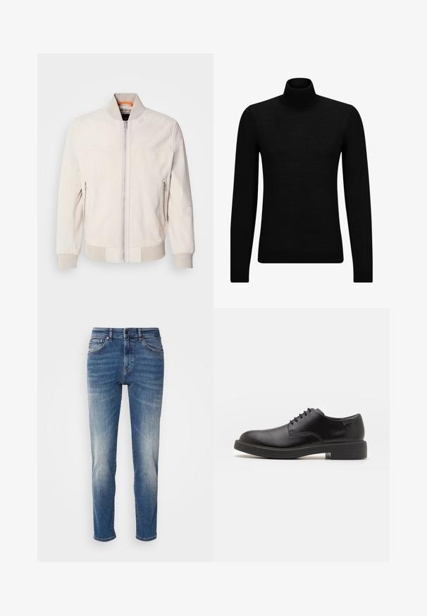 Světle béžová kožená bunda s výstřihovým límcem, předním zipem a dvěma postranními kapsami na zip. Hřejivé manžety a lem dodávají texturu.; Černý rolák vyrobený z měkkého materiálu, s dlouhými rukávy a těsným střihem. Hladký lem na spodním okraji a manžetách. Jednoduchý design.; Modré džíny z džínoviny s rovnou nohavicí, s lehkým vyblednutím, klasickým pětivreckovým stylem a zapínáním na zip s knoflíkem.; Černé kožené šněrovací boty s kulatou špičkou, hladkým povrchem, minimálním prošíváním a nízkým gumovým podpatkem. Logo na patě.