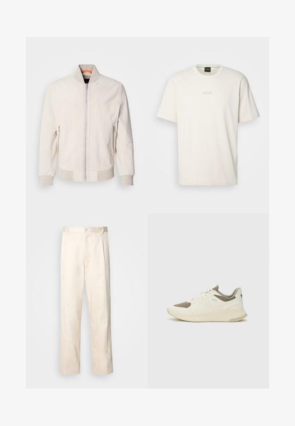 Jaqueta de couro bege claro com colarinho alto, fecho frontal com zíper e dois bolsos laterais com zíper. Punhos e barra com textura canelada.; BOSS TEE - T-shirt básica - open white; Calças de algodão bege com corte reto, apresentando um fecho de botão e pregas na frente para um detalhe adicional.; Sapatilha atlética branca e bege claro, com parte superior em malha, detalhes perfurados e uma entressola texturizada com marcação no calcanhar.